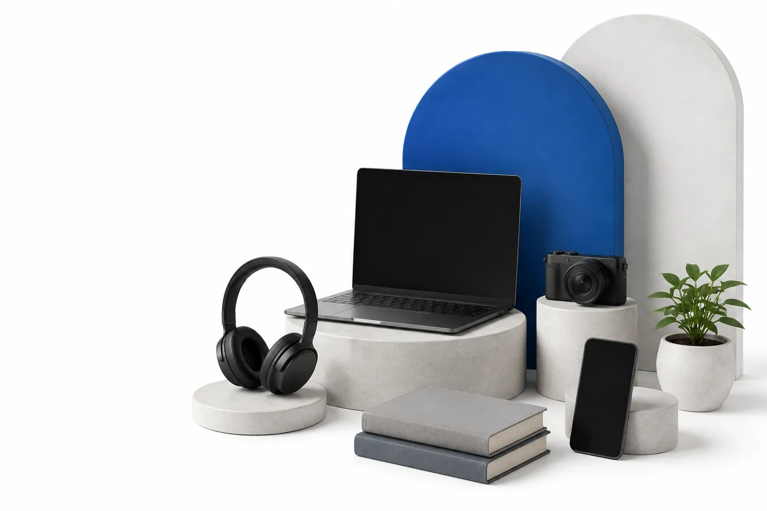 An arrangement of generic consumer technology and home products in a neutral studio setting